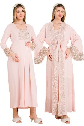 Pembe Renkli, Dantel Detaylı, Uzun Kol ve Derin Patlı,  33501 Sabahlıklı 2li Lohusa Hamile Gecelik Takımı