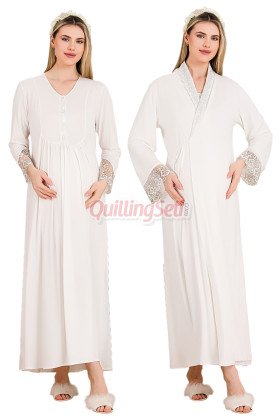 Ekru Renkli, Dantel Detaylı, Uzun Kol ve Derin Patlı,  33503 Sabahlıklı 2li Lohusa Hamile Gecelik Takımı