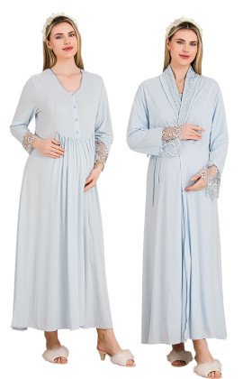 Mavi Renkli, Dantel Detaylı, Uzun Kol ve Derin Patlı,  33503 Sabahlıklı 2li Lohusa Hamile Gecelik Takımı