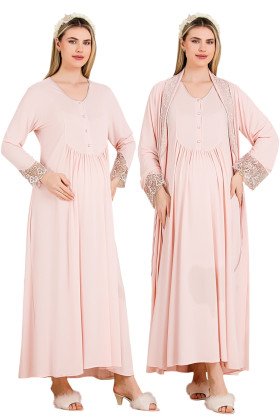 Pembe Renkli, Dantel Detaylı, Uzun Kol ve Derin Patlı,  33503 Sabahlıklı 2li Lohusa Hamile Gecelik Takımı