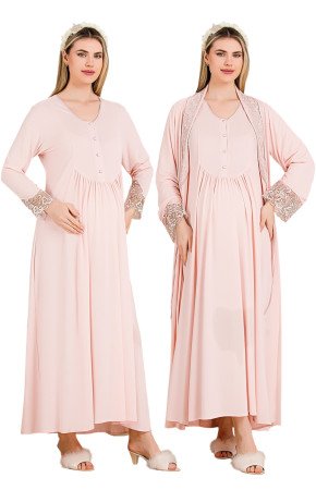 Pembe Renkli, Dantel Detaylı, Uzun Kol ve Derin Patlı,  33503 Sabahlıklı 2li Lohusa Hamile Gecelik Takımı