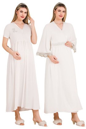 Ekru Renkli, Dantel Detaylı, Kısa Kol ve Derin Patlı,  33504 Sabahlıklı 2li Lohusa Hamile Gecelik Takımı
