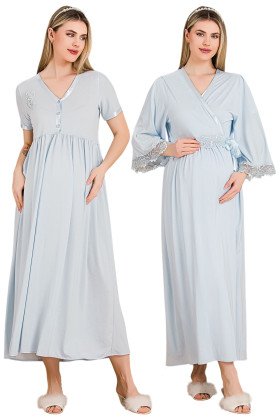 Mavi Renkli, Dantel Detaylı, Kısa Kol ve Derin Patlı,  33504 Sabahlıklı 2li Lohusa Hamile Gecelik Takımı