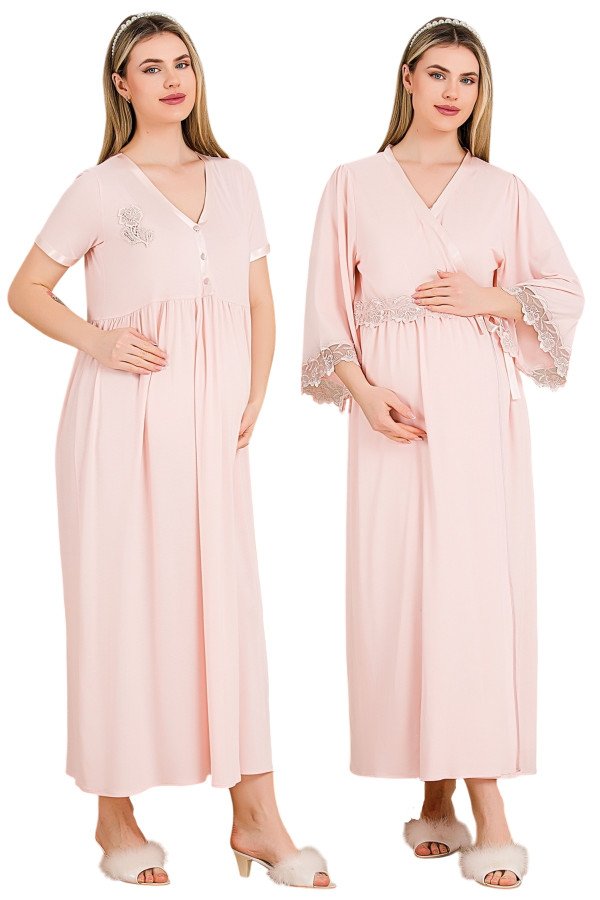 pembe renkli, dantel detaylı, kısa kol ve derin patlı,  33504 sabahlıklı 2li lohusa hamile gecelik takımı, 8509990035372, lohusa gecelik takım