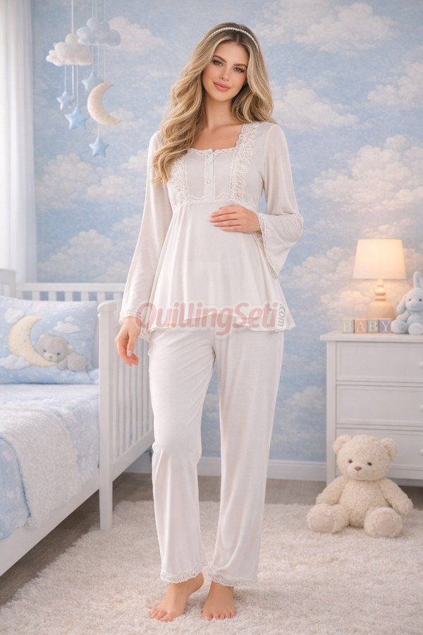 ekru renkli, dantel detaylı, 33205 uzun kol, 2 parça lohusa hamile pijama takımı, 8509990041489, lohusa pijama takımları