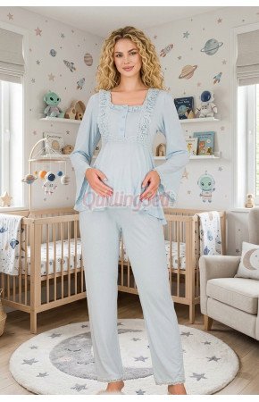 Bebe Mavi Renkli, Dantel Detaylı, 33205 Uzun Kol, 2 Parça Lohusa Hamile Pijama Takımı