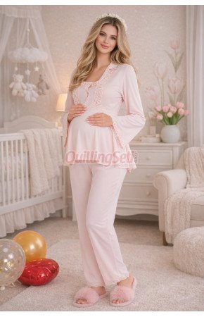 Bebe Pembe Renkli Dantel Detaylı, 33205 Uzun Kol, 2 Parça Lohusa Hamile Pijama Takımı