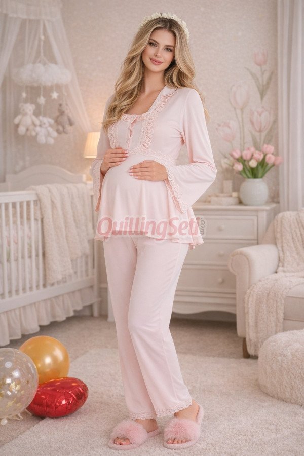 bebe pembe renkli dantel detaylı, 33205 uzun kol, 2 parça lohusa hamile pijama takımı, 8509990041403, lohusa pijama takımları