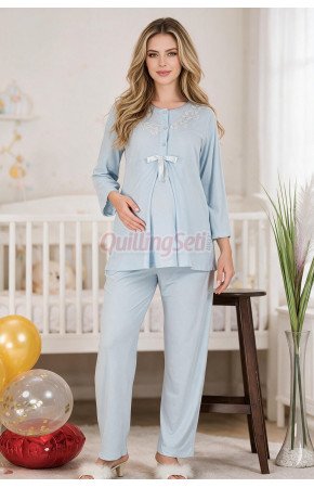 Bebe Mavi Renkli, Dantel Detaylı 33209 Uzun Kol, 2 Parça Lohusa Hamile Pijama Takımı