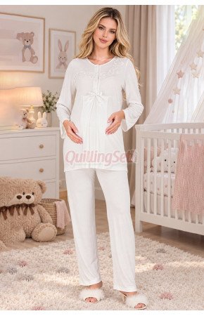 Ekru Renkli, Dantel Detaylı 33209 Uzun Kol, 2 Parça Lohusa Hamile Pijama Takımı