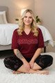 bordo renk ve çiçek desenli 10736 pamuklu büyük beden kapri anne pijama takımı, 4xl-10736, büyük beden kapri pijama takımı, Erdeniz