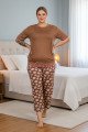 Kahverengi Renk ve Desenli 10738 Pamuklu Büyük Beden Kapri Anne Pijama Takımı