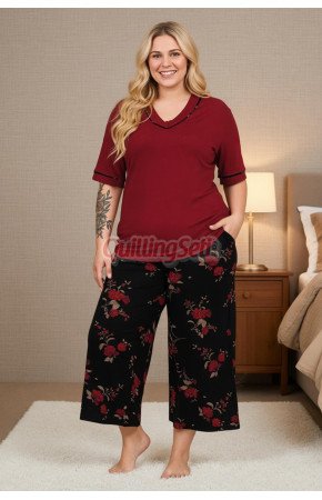 Bordo Renk ve Çiçek Desenli 10736 Pamuklu Büyük Beden Kapri Anne Pijama Takımı
