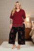 Bordo Renk ve Çiçek Desenli 10736 Pamuklu Büyük Beden Kapri Anne Pijama Takımı