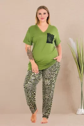 Yeşil Renkli ve Desenli Lady 11002 Kadın Kısa Kol Büyük Beden Anne Pijama Takımı