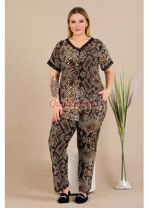 Siyah Renkli Yılan Derisi Desenli Kısa Kollu ve Önden Düğmeli Lady 11013 Kadın Büyük Beden Anne Pijama Takımı, Battal Pijama