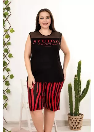 Rahat ve Şık Kadın Lady 10405 Çizgili Desen Siyah Renk Büyük Beden Şortlu Anne Pijama Takımı