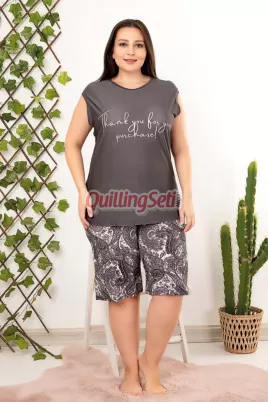 Rahat ve Şık Kadın Lady 10414 Çiçek ve Şal Desenli Füme Renk Büyük Beden Şortlu Anne Pijama Takımı