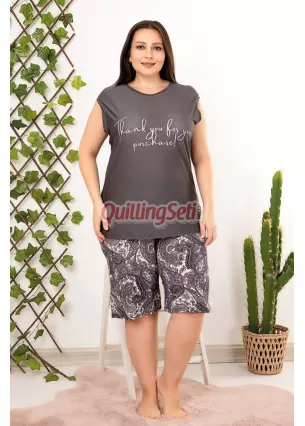 Rahat ve Şık Kadın Lady 10414 Çiçek ve Şal Desenli Füme Renk Büyük Beden Şortlu Anne Pijama Takımı