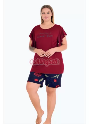Rahat ve Şık Kadınların Tercihi Lady 10428 Desenli ve Bordo - Lacivert Renkli Şortlu Büyük Beden Anne Pijama Takımı