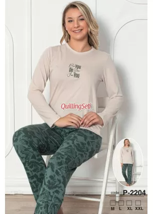 Krem - Haki Renkli Bisiklet Yaka Teknur 2204 Uzun Kol Pamuklu Kumaş Kadın Pijama Takımı
