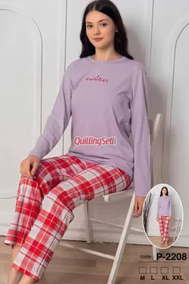 Lila Renk, Bisiklet Yakalı, Uzun Kollu ve  Pamuklu Kumaş Teknur 2208  Kadın Pijama Takımı