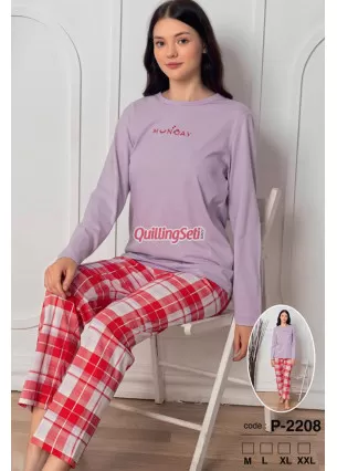 Lila Renk, Bisiklet Yakalı, Uzun Kollu ve  Pamuklu Kumaş Teknur 2208  Kadın Pijama Takımı