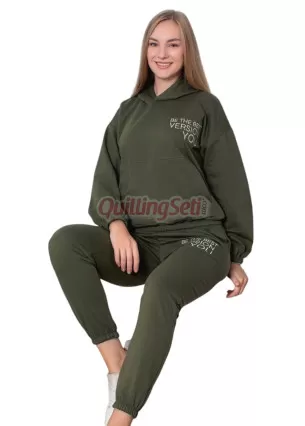 Haki Yeşil Renk Uzun Kollu ve  Kapüşonlu Teknur 2802 Kadın Spor Eşofman Takımı
