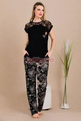 Siyah Renk ve Gül Desenli Lady 12488 Düz Paça Pamuk Viskon Kadın Kısa Kol Pijama Takımı