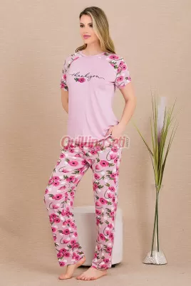 Pembe Renkli ve Çiçek Desenli Lady 12489 Düz Paça Pamuk Viskon Kadınların Tercihi Kısa Kol Pijama Takımı