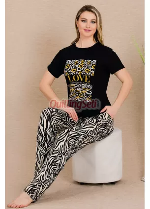 Siyah Renkli ve Zebra Desenli Lady 12490 Düz Paça Pamuk Viskon Kadınların Tercihi Kısa Kol Pijama Takımı
