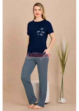 Lacivert Gri Renkli ve Desenli Lady 12491 Düz Paça Pamuk Viskon Kadınların Tercihi Kısa Kol Pijama Takımı