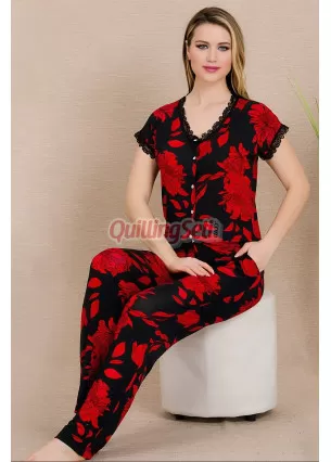 Kırmızı - Siyah Renk ve Çiçek Desenli Lady 12494 Pamuk Viskon Kadın Kısa Kol Pijama Takımı