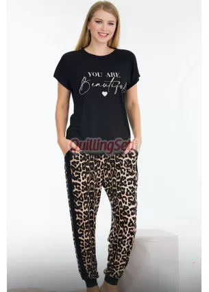 Siyah Renk ve Leopar Desenli Lady 12556 Lastikli Paça Pamuk Viskon Kadın Kısa Kol Pijama Takımı