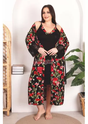 Siyah Renkli ve Kırmızı Karanfil Çiçeği Desenli Lady 19224 Kadın Büyük Beden Sabahlıklı 2li Gecelik Takım