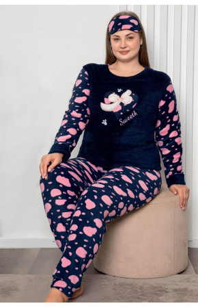 Kadın Lacivert Renk Polar Kumaş 6214 Battal Büyük Beden  Pijama Takımı