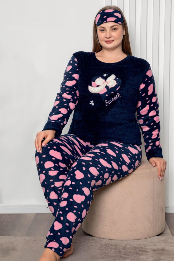 kadın lacivert renk polar kumaş 6214 battal büyük beden  pijama takımı, azl-6214, büyük beden (battal boy) pijama takımları