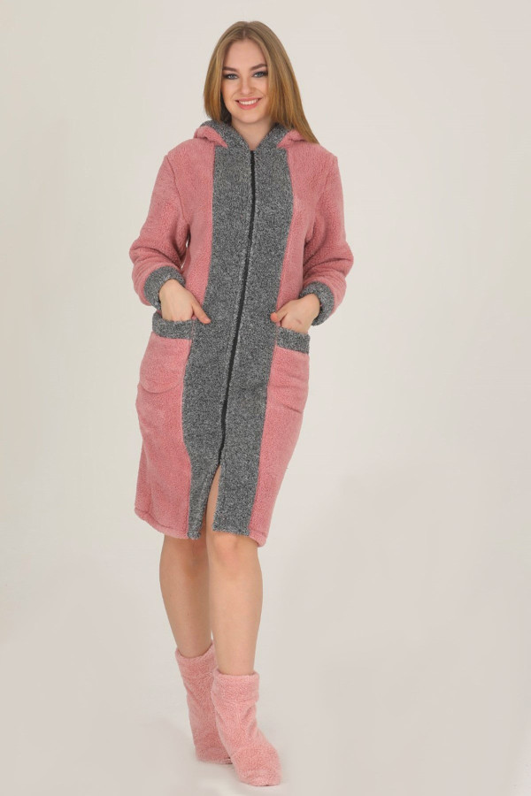 kadın  welsoft kumaş kışlık pembe-gri renk sabahlık / tunik - teknur 58060 kışlık  tunik, teknur-58060, bayan pijama takımı