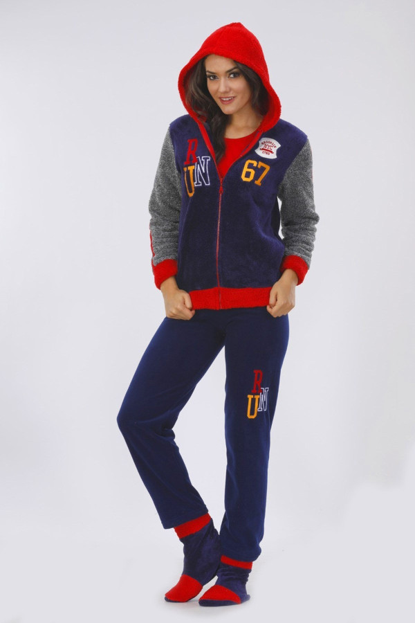 kadın lacivert renk kışlık welsoft kapüşonlu pijama takımı - tknr 56523 welsoft pijama takımı, tknr-56523, bayan pijama takımı, Teknur