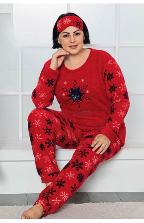 Kadın Kırmızı Renk ve Desenli Polar Kumaş 6192 Battal Büyük Beden  Pijama Takımı