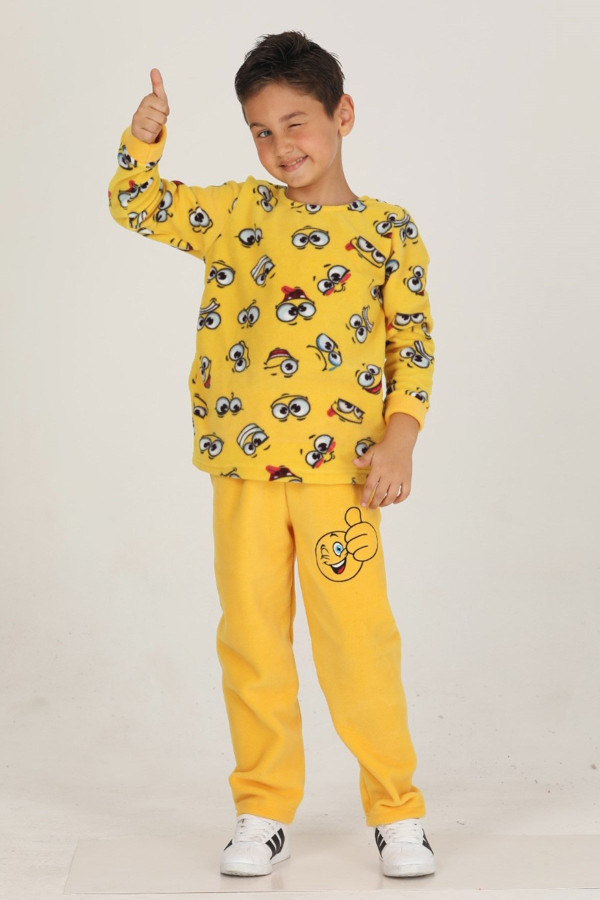 sarı renk polar kumaş desenli 46009  erkek çocuk pijama takımı, teknur-46009, teknur pijama takımı