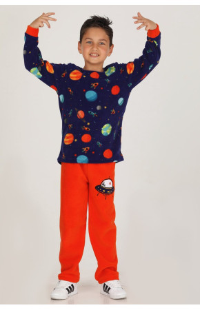 Turuncu - Lacivert Renk Polar Kumaş Desenli Quilling Seti Teknur 46027 Erkek Çocuk Pijama Takımı