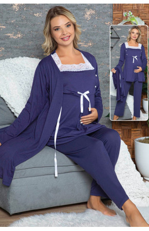 Sabahlıklı Lohusa Pijama Takımı Jenika 42343 - 3lü Sabahlıklı Hamile Pijaması