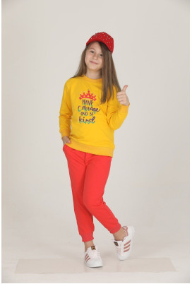 Sarı - Kırmızı Renkli Pamuklu İki İplik Teknur 42203 Kız Çocuk Eşofman - Pijama Takımı