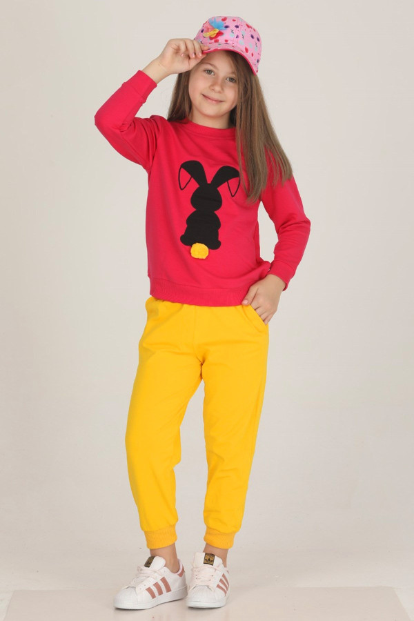 kırmızı - sarı renkli pamuklu i̇ki i̇plik teknur 42204 kız çocuk eşofman - pijama takımı, tknr-42204, teknur pijama takımı, Teknur