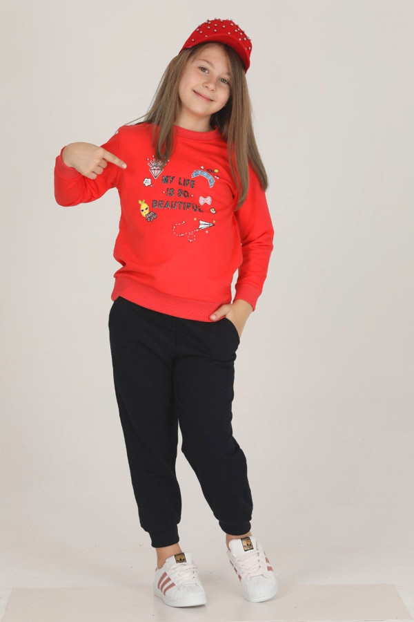 kırmızı - siyah renkli pamuklu i̇ki i̇plik teknur 42205 kız çocuk eşofman - pijama takımı, tknr-42205, teknur pijama takımı, Teknur