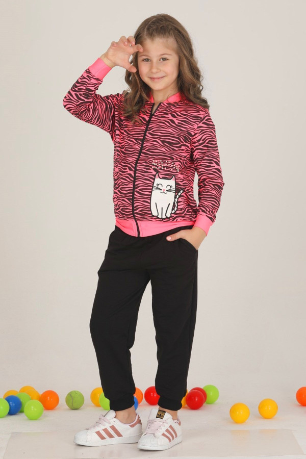 pembe - siyah renkli pamuklu i̇ki i̇plik teknur 42513 kız çocuk eşofman - pijama takımı, tknr-42513, teknur pijama takımı