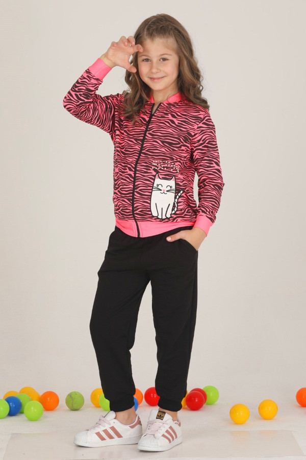 pembe - siyah renkli pamuklu i̇ki i̇plik teknur 42513 kız çocuk eşofman - pijama takımı, tknr-42513, teknur pijama takımı, Teknur