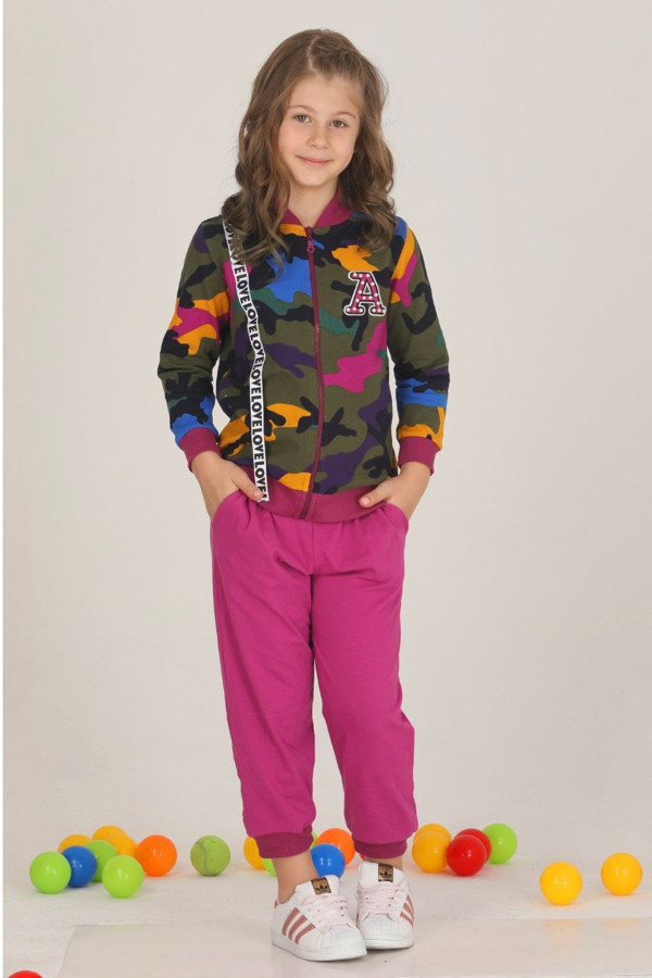 yeşil - fuşya renkli pamuklu i̇ki i̇plik teknur 42510 kız çocuk eşofman - pijama takımı, tknr-42510, teknur pijama takımı, Teknur
