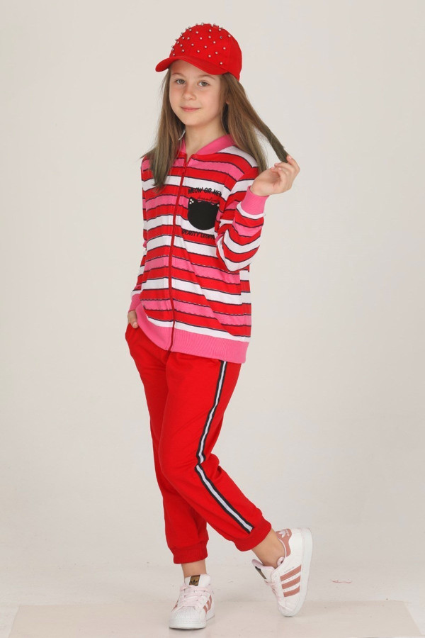 kırmızı renkli pamuklu i̇ki i̇plik teknur 42506 kız çocuk eşofman - pijama takımı, tknr-42506, teknur pijama takımı, Teknur